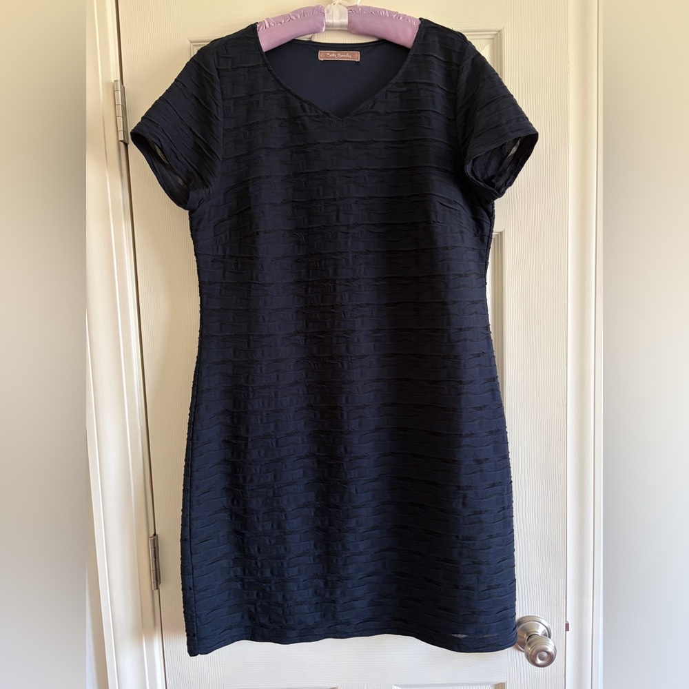 Betty Barclays Classic Navy and Black Textured Short-Sleeve Dress Size 16